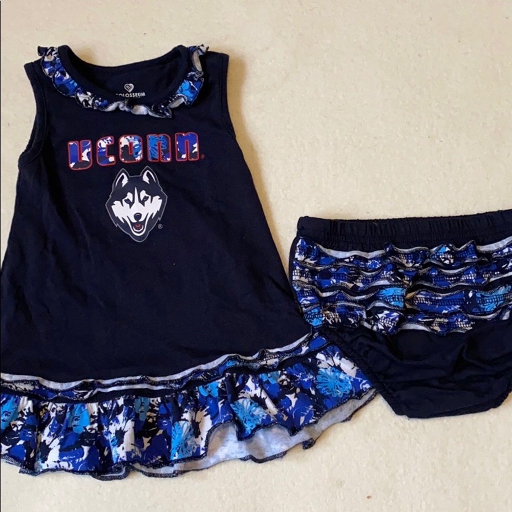 NCAA UConn Navy Blue Floral Ruffle Dress and Bloomers Set